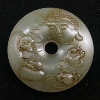 2 " Chinese Natural Hetian White Old Jade Carved Tathagata Buddha Lotus Pendant