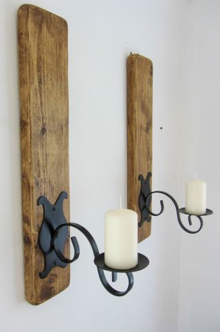 59cm Rustic Plank Wood & Iron Wall Sconce 