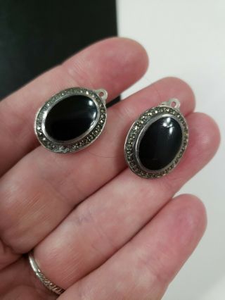 Vintage Sterling Silver Onyx Inlay Marcasites Earrings Clip On 0.  75 " T 8.  4 G
