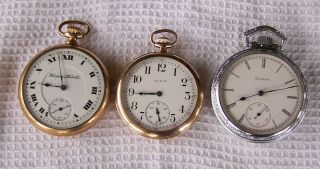 3 Vintage Pocket Watches Elgin 12 Sz Elgin 16 Sz Hampden 16 Sz For Repair