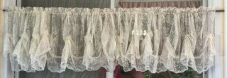 4 Vintage Beige Lace Sheer Window Valance Panels Antique Floral Ruffle Scalloped