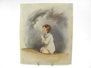 Antique 19th Century English Watercolour Painting Portrait Young Girl Praying