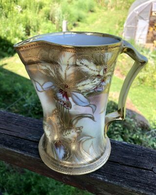 Antique Estate Nippon Hand - Painted Pitcher Tankard Iris? Flowers Gold & Moriage