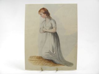 Antique 19th Century English Watercolour Painting Portrait Young Lady Praying