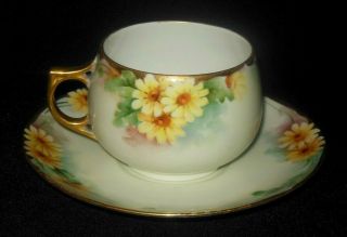 Antique Hand Painted Yellow Daisy Flowers Tea Cup Saucer Set Gold Rim