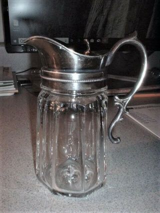 Antique Heavy Panelled Glass Syrup Pitcher With Silver Plated Top