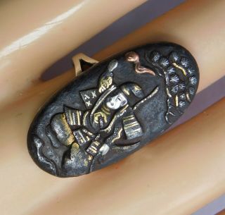 Antique Japanese Shakudo Sterling Ring Gold Copper Silver Inlay Samurai On Iron