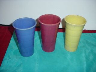 3 Antique Ceramic Drinking Glass Tumbler - Pottery Blue Yellow & Mauve
