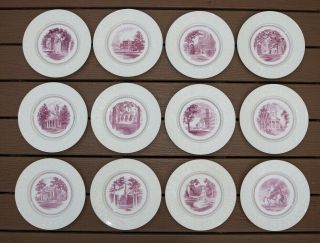 Set Of 12 Vintage Amherst College 10 3/4 " Plates With Campus Images In Mulberry