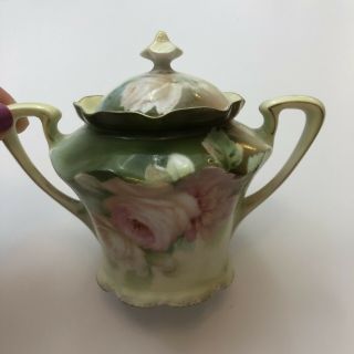 Antique R S Prussia Porcelain Sugar Bowl With Lid C.  1870 - 1910 White Pink Roses