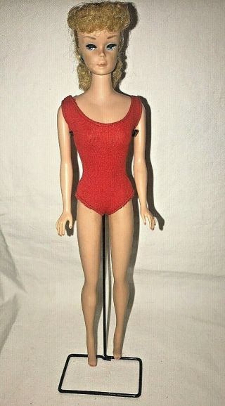 1960s Vintage Blonde Ponytail Barbie Doll 4? Mettle With Stand Red Suit