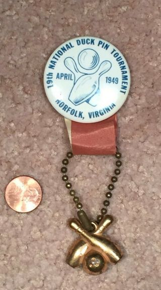 1949 National Duck Pin Bowling Pinback Badge Norlfolk Va - Hanging Pins & Ball