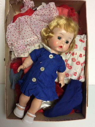 1950s Little Miss Addie Hard Plastic Walker Doll Cardboard Box Full Of Clothes