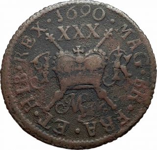 1690 Ireland King James Ii War Gun Money Half Crown Antique Irish Coin I75319