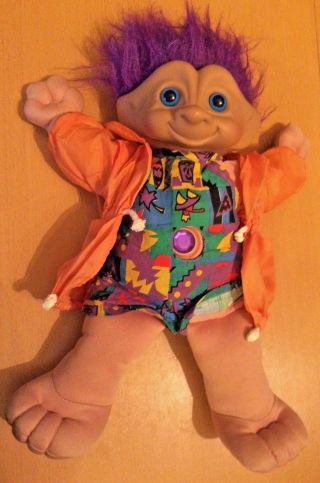 Treasure Troll Doll Vintage Large 14 " Purple Hair Orange Hoodie Beach Overalls