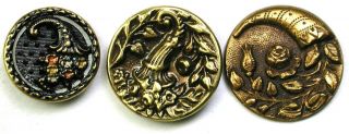 3 Antique Brass Buttons Various Cornucopia & Flowers Designs - 1/2 To 3/4 "