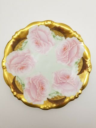 Antique P&b Limoges France Plate Gold Edged Signed Handpainted Pink Roses Elite