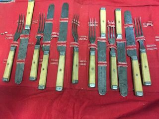 Antique Bone Handled Knife And Fork Set Of 6 With Case