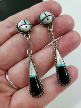 Vintage Sterling Silver Native American Zuni Multistone Inlay Earrings 2 " T 7.  5g