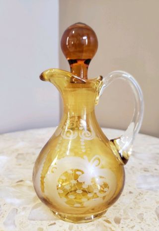 Antique Bohemian Czech Amber Etched Cruet W/ Stopper
