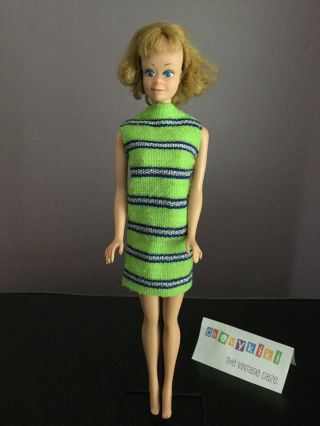 Vtg Barbie 1962 Midge Doll Straight Leg Green Stripe Dress Freckles Curls Bangs