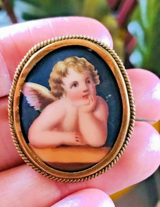 Antique Late Victorian Hand Painted Porcelain Brooch With Gilt Cherub Angel