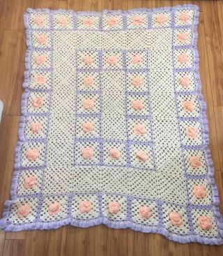 Vintage Hand - Knit Crocheted Afghan Throw Blanket (65x50) Squares/flowers 60s/70s