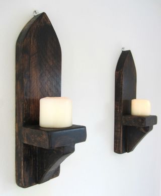 40cm Rustic Solid Wood Dark Wax Gothic Arch Wall Sconce Candle Holder