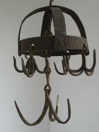 Antique Hand Forged Game Or Meat Rack With 3 Pronged Hooks Small Size