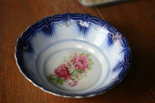 Antique Small Flow Blue Bowl With Pink Roses