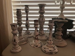 7 Lovely Vintage Chippy White Wood Candle Holders Farmhouse Cottage