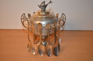 Antique Silver Plate Spooner With Bird Finial With 12 Spoons