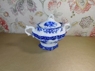 Antique Flow Blue Sugar Bowl With Lid By Stanley Pottery Made In Uk C1891 - 1900