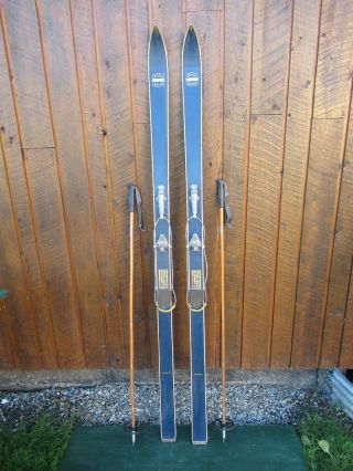 Vintage Hickory Wooden 74 " Skis Has Finish,  Cable Bindings,  Poles