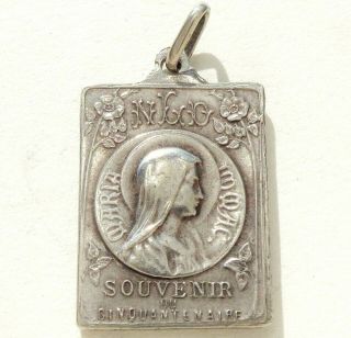 MOST 1908 ANTIQUE MEDAL PENDANT TO OUR LADY OF LOURDES & ROSES DECORS 2