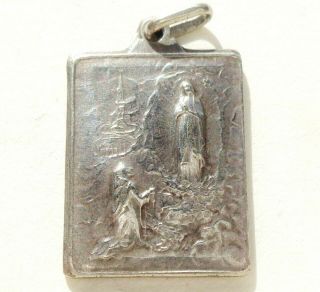MOST 1908 ANTIQUE MEDAL PENDANT TO OUR LADY OF LOURDES & ROSES DECORS 3