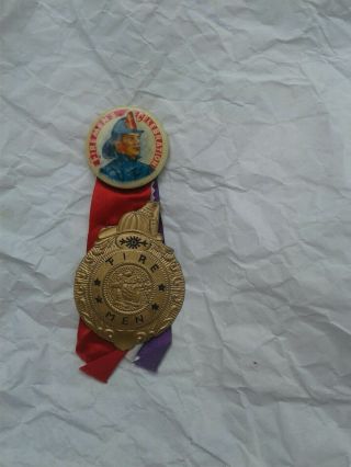 Antique Fireman Celebration Pin And Badge Made In Japan Bage Metal
