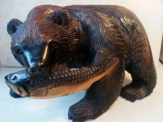 Vintage Black Forest Carved Wooden Bear With Salmon
