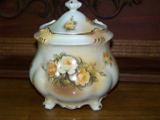 Antique Rs Prussia Porcelain Biscuit Jar With Yellow Roses And Gold Trim.