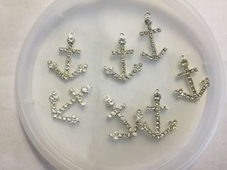 Vintage Silver Clear Prong Set Rhinestone Large Nautical Anchor Charms Pendants