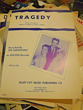 Vintage Sheet Music " Tragedy " By The Fleetwoods 1958