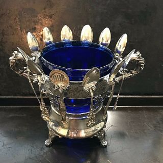 Antique Silver Confiturier Cobalt Blue Bowl & Twelve Sterling Spoons