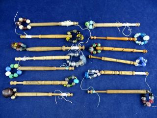 Selection Of 13 Antique,  Bead Weighted Lace Bobbins,  One With Name