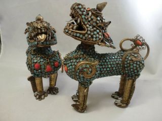 Authentic Antique Turquoise Coral Chinese Tibetan Foo Dogs Incense Burners N.  R