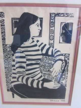 Vintage Framed Woodblock Woodcut Print Signed Barbara Mann 1966 Woman In Chair