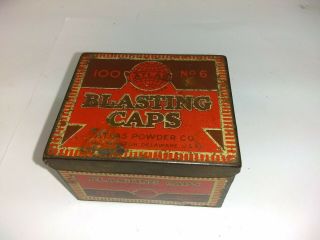 Antique Vintage ATLAS Powder Co 100 Ct.  No.  6 Blasting Caps Tin Rectangle 7