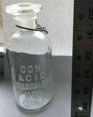 Vintage Embossed Apothecary Lab Bottle With Glass Stopper: Con Acid Hydrochloric