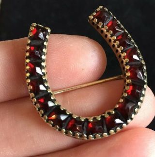 Antique Victorian Pinchbeck And Garnet Baguettes Lucky Horse Shoe Brooch - Large