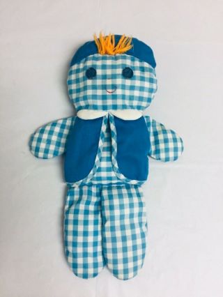 Vintage Fisher Price 1977 Cholly Rattle Doll Blue White Gingham Cloth Boy