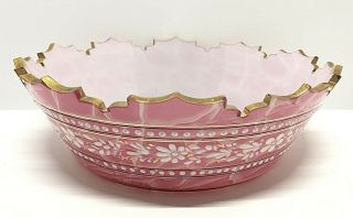 Antique Moser Bohemian Biedermeier Enamel Pink And White Swirled Bowl